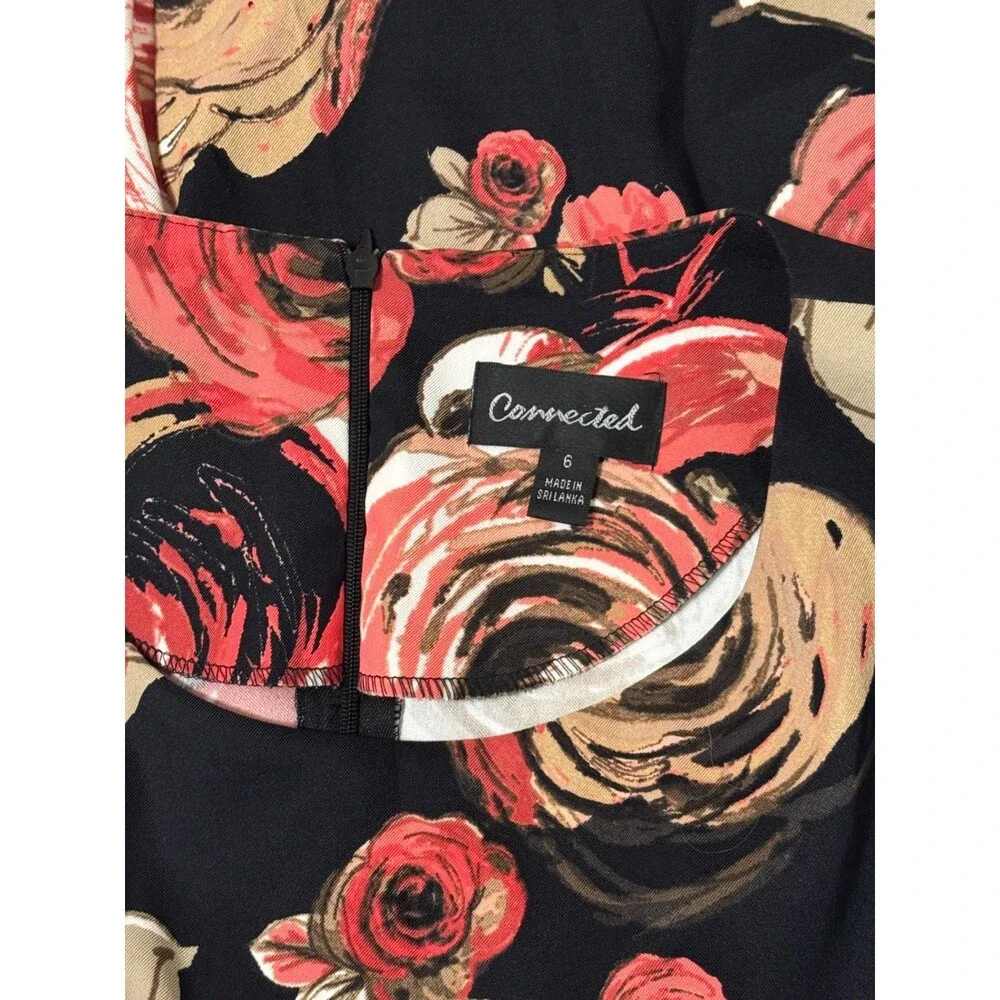 Connected Dress Womens 6 Sleeveless Floral Sheath Knee Length Black Coral Tan - Picture 3 of 7